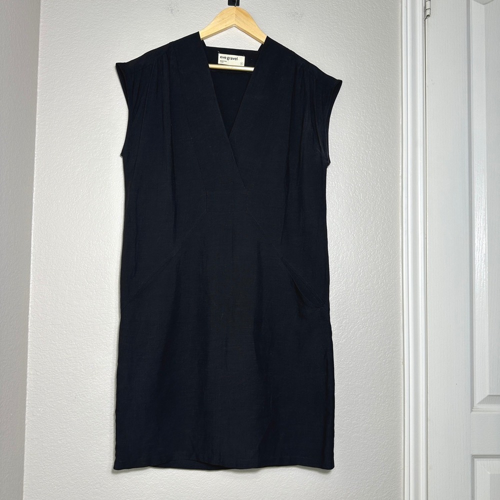 Eve Gravel Byblos Shift Dress Black Linen Blend Small V-Neck Pockets Minimalist - Picture 3 of 13